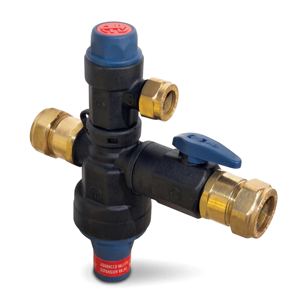 A black and blue Velocity Valve with Shut Off 400Kpa 22mm, featuring brass fittings, viewed from an angled perspective.