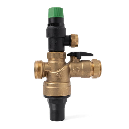 Brass Velocity Valve with Shut Off, 600Kpa, 22mm, featuring a green cap and black lever, shown vertically.