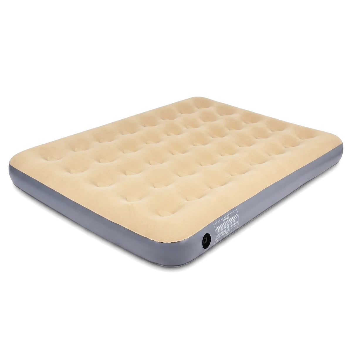 A beige velour queen size inflatable air mattress with gray sides, featuring a comfortable dimpled top.