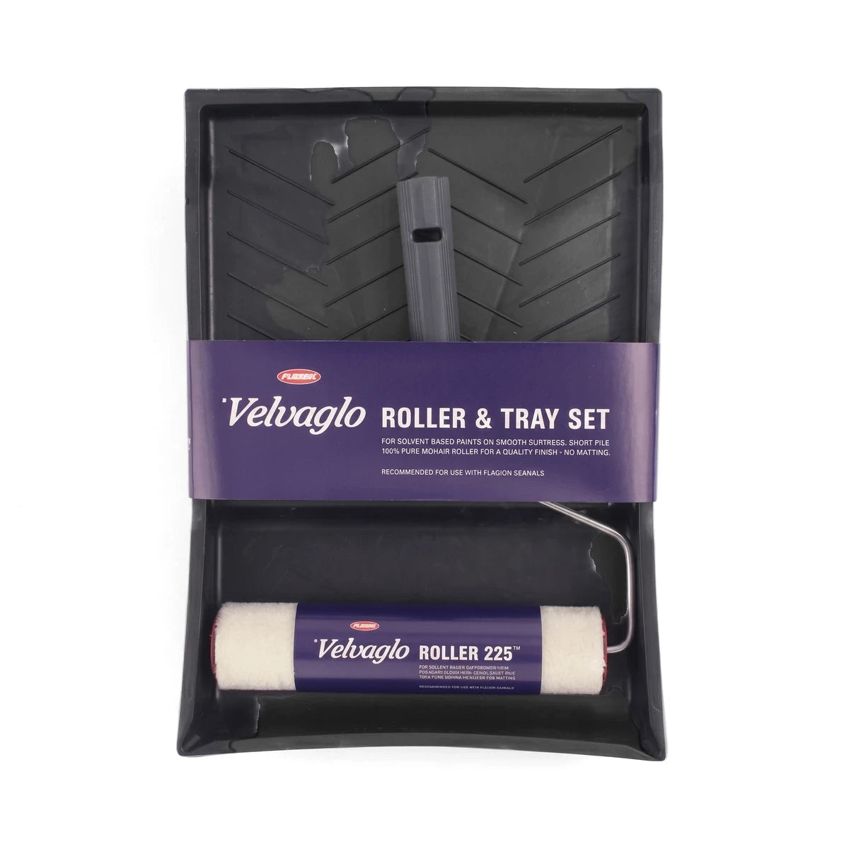 Velvaglo Trayset Paint Tray and Roller Set, featuring a black paint tray with a purple branded label and a white roller.