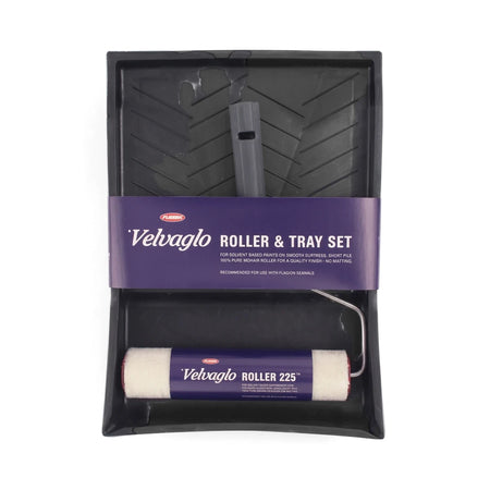 Velvaglo Trayset Paint Tray and Roller Set, featuring a black paint tray with a purple branded label and a white roller.