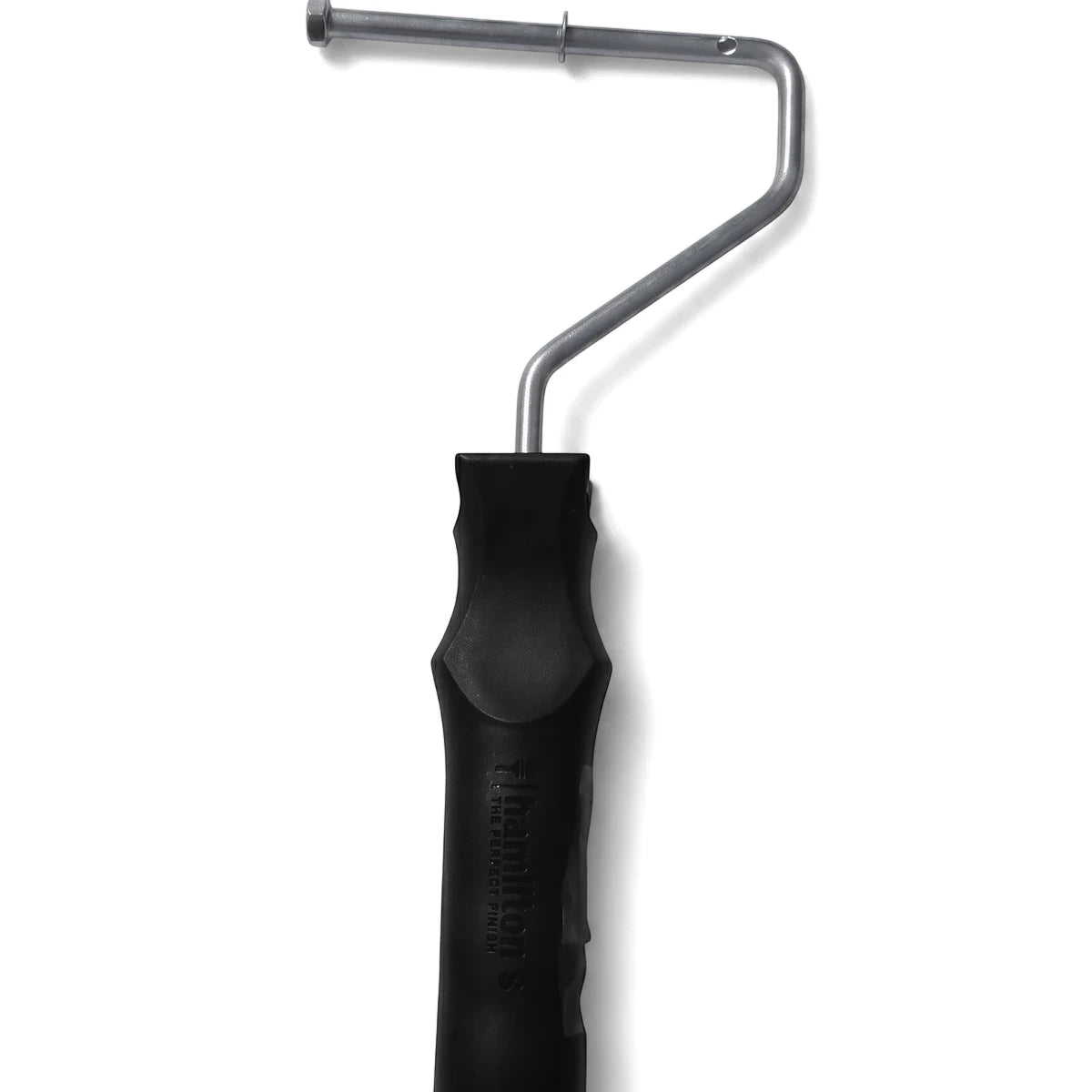 Vestaron Hanle 100mm paint roller frame with a black ergonomic grip and silver metal arm, viewed vertically.