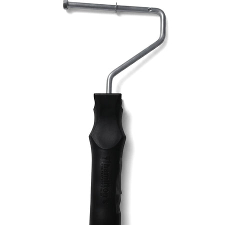 Vestaron Hanle 100mm paint roller frame with a black ergonomic grip and silver metal arm, viewed vertically.