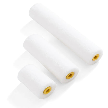 Three Vestaron Microfibre T/Pack Roller 100mm refills, varying in size, showcasing their white microfibre texture and yellow