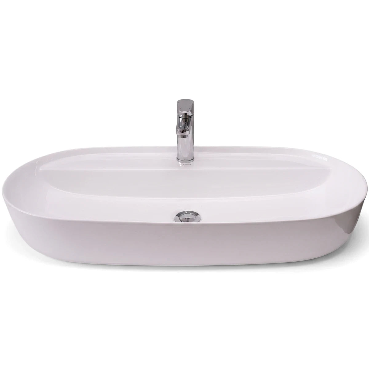 White oval ceramic Victoria Freestanding Basin with a single tap hole and modern chrome faucet, seen from the front.