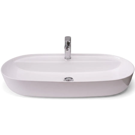 White oval ceramic Victoria Freestanding Basin with a single tap hole and modern chrome faucet, seen from the front.