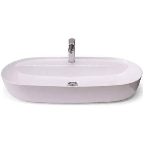 White oval ceramic Victoria Freestanding Basin with a single tap hole and modern chrome faucet, seen from the front.