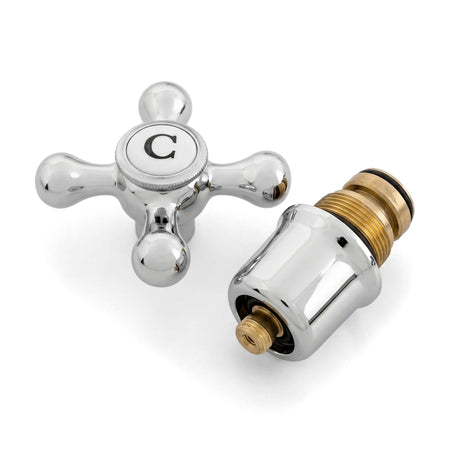 Polished chrome Victory Complete Head Assembly for faucets, including a cross-handle with a 'C' label and a valve cartridge.