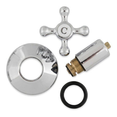 Victory Complete Undertile Head Assembly with chrome cross-shaped handle, round escutcheon, valve, and black O-ring.