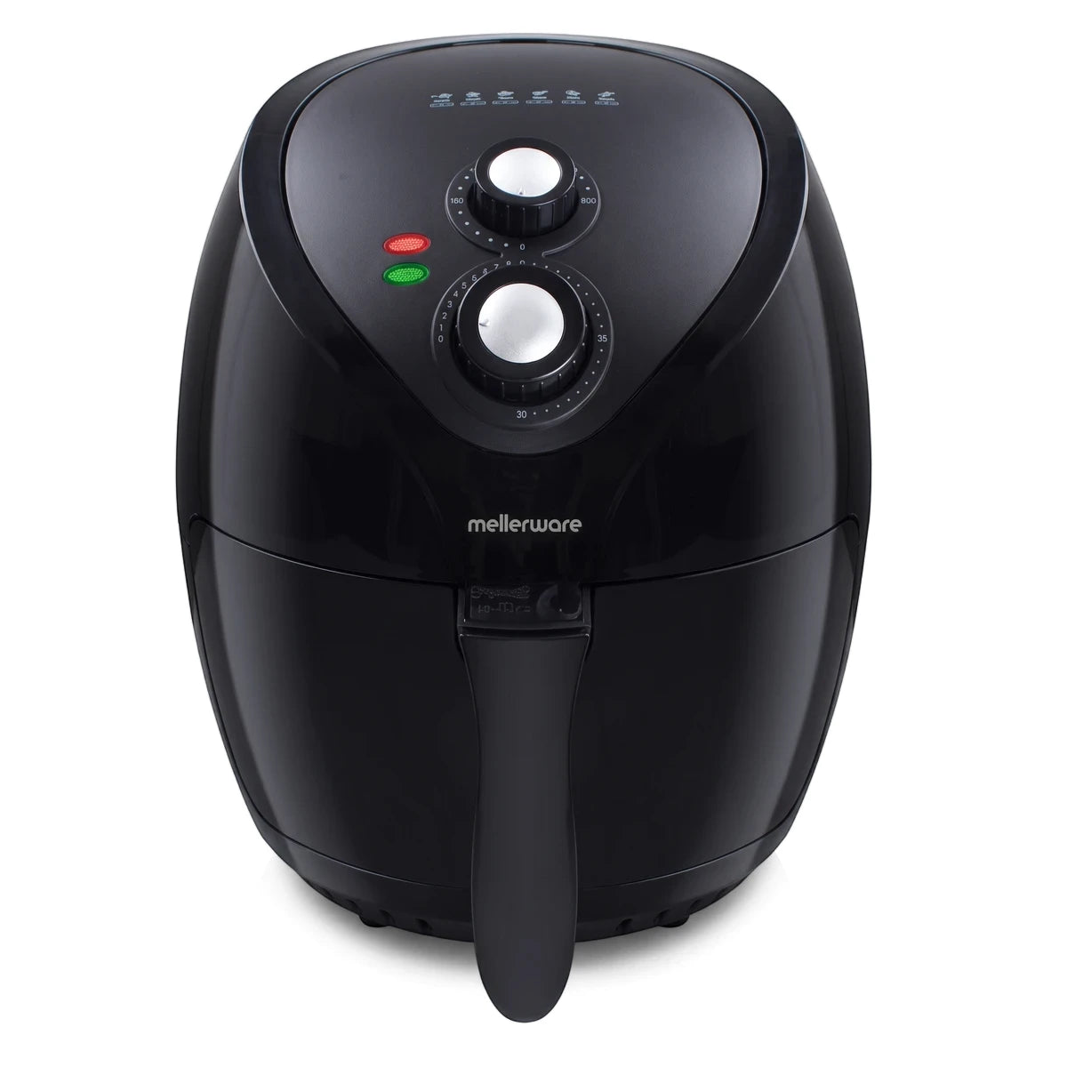 Black Mellerware Vitality Manual Timer 3.6L 1400W Air Fryer, a modern kitchen appliance with two control knobs and a handle.