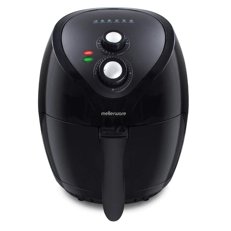 Black Mellerware Vitality Manual Timer 3.6L 1400W Air Fryer, a modern kitchen appliance with two control knobs and a handle.