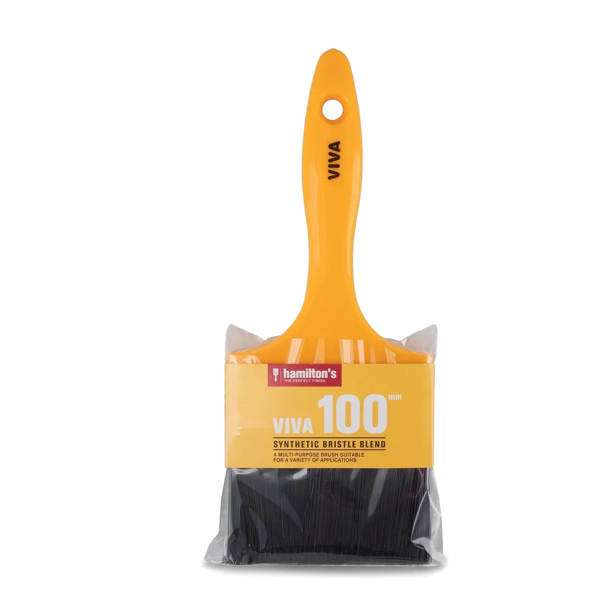 Viva 100mm synthetic bristle blend paint brush with a bright yellow handle, packaged in clear plastic wrap.