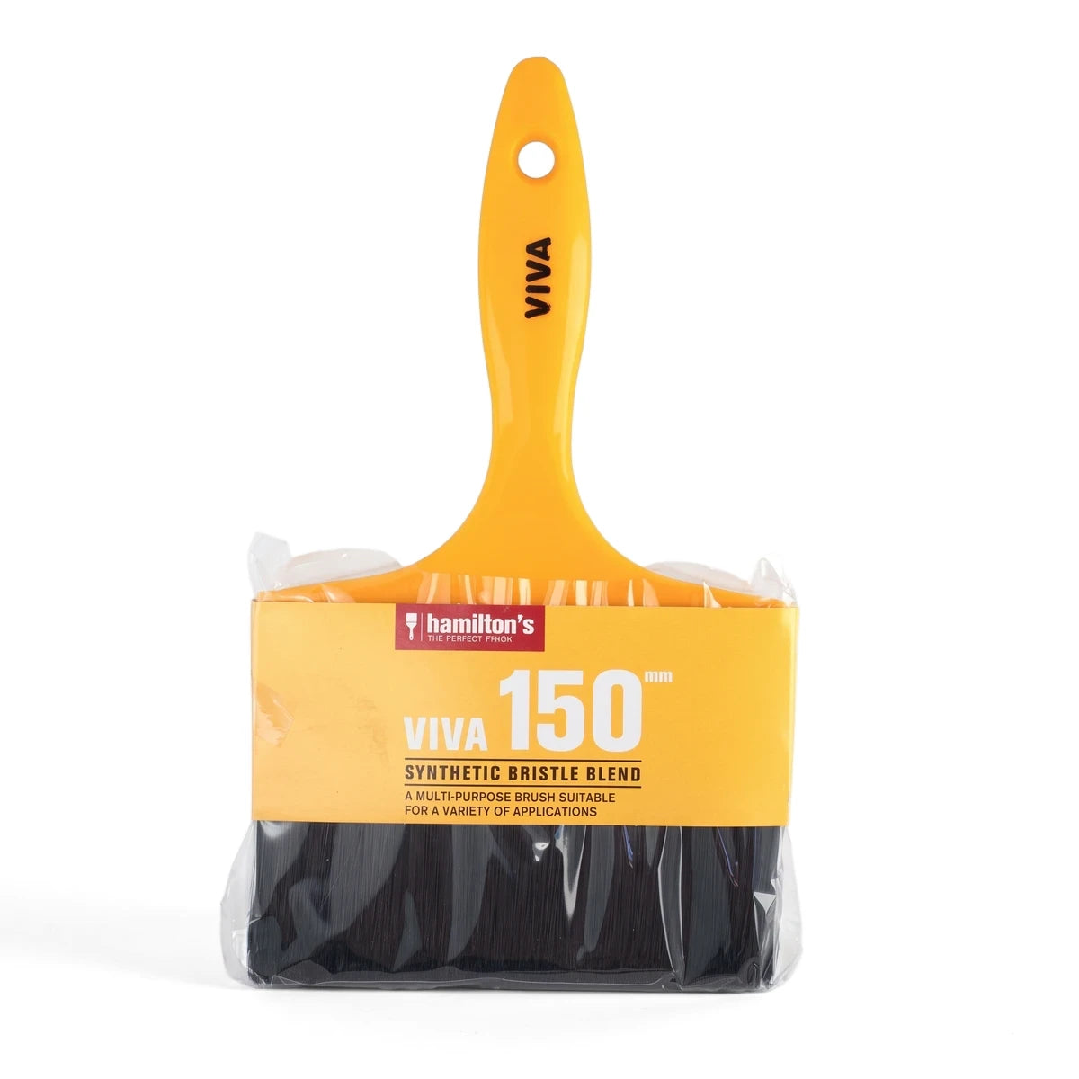 Viva 150mm synthetic bristle blend paint brush with a yellow handle and black bristles in clear packaging.