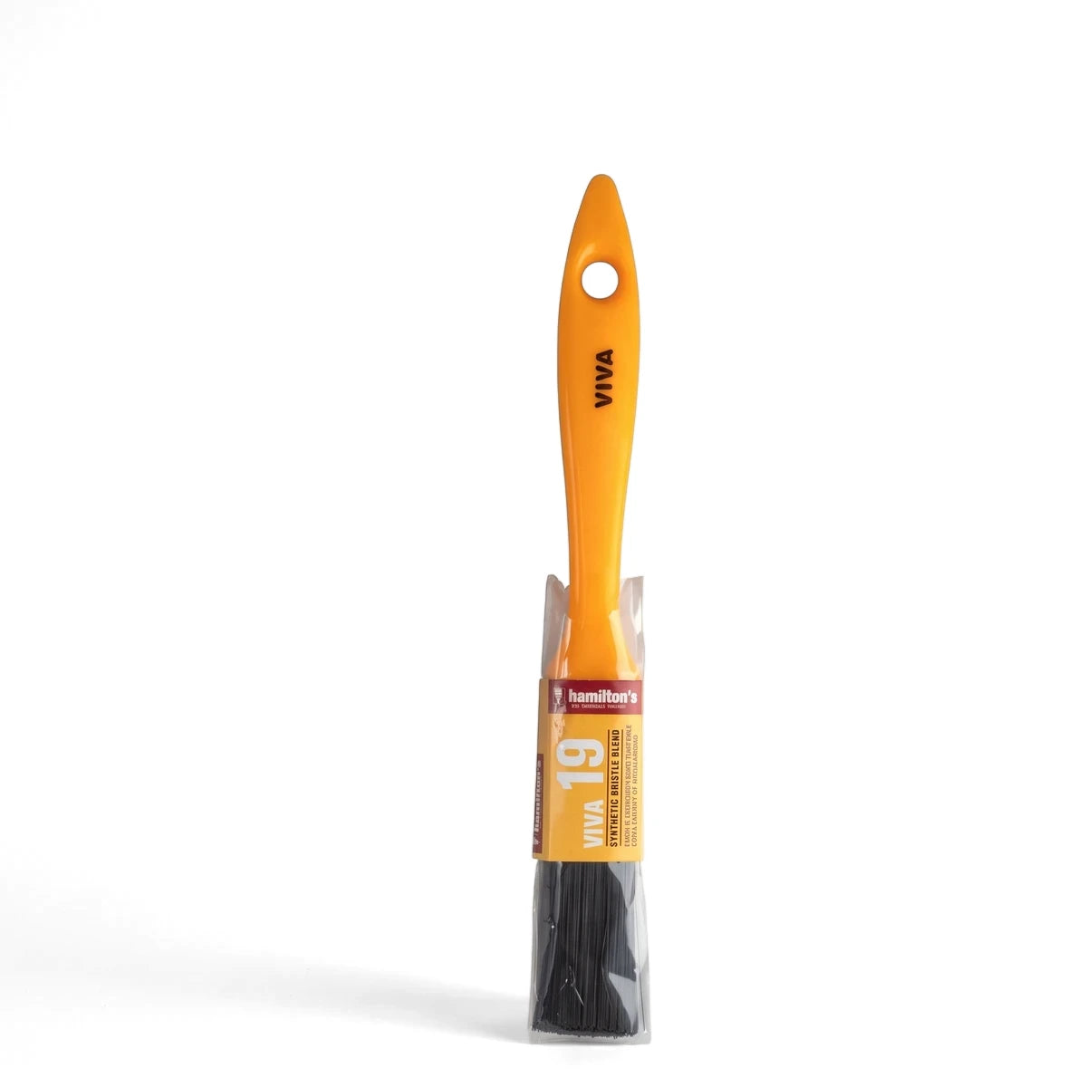 Viva 19 synthetic bristle blend paint brush with an orange handle and black bristles, packaged in clear plastic.