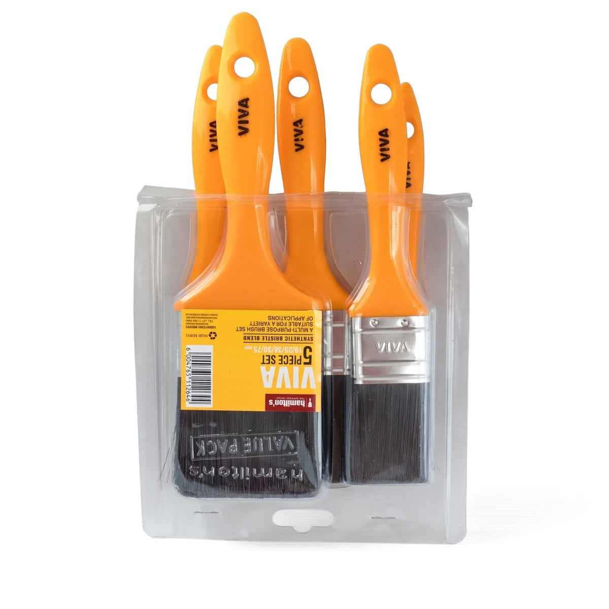 Viva 5-piece paint brush set with orange handles and black synthetic bristles, presented in clear plastic packaging.