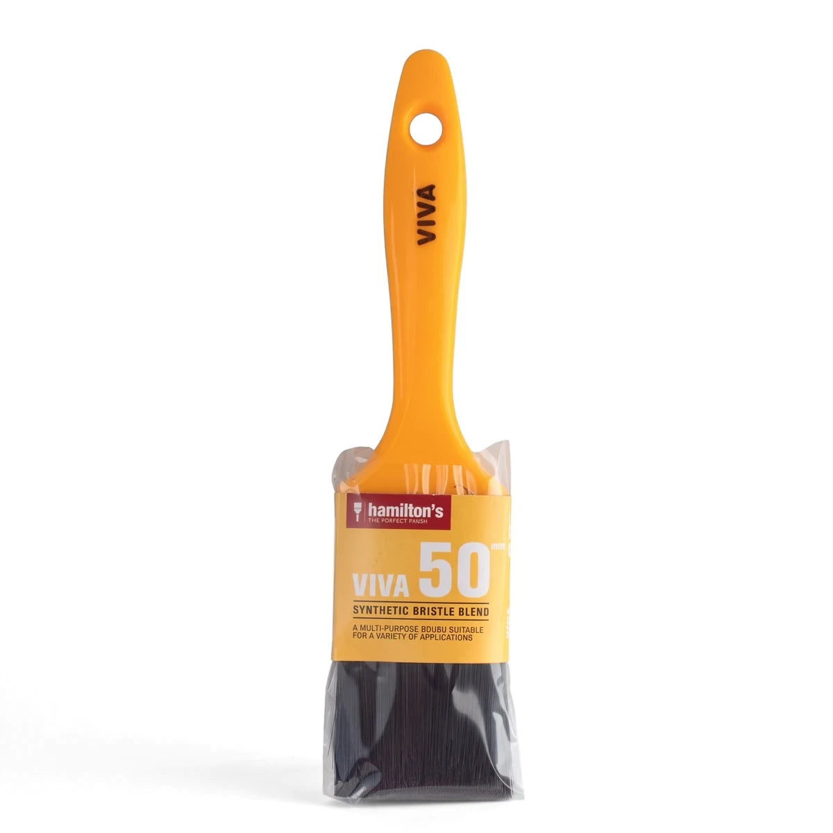 Viva 50mm synthetic bristle blend paint brush with an orange handle and black bristles, displayed vertically in clear