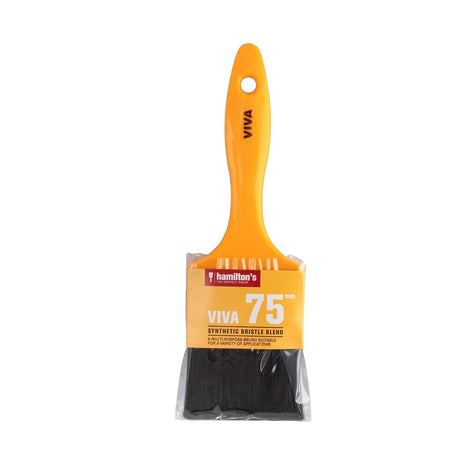 Viva 75mm synthetic bristle blend paint brush featuring an orange handle and black bristles, displayed in its packaging.