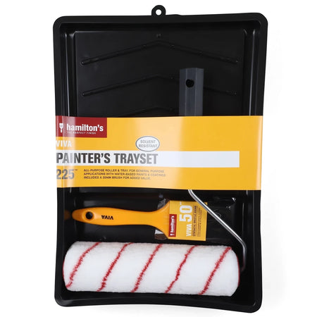 Viva & Brush Roller Set, including a black paint tray, white roller, and orange brush, perfect for home painting projects.