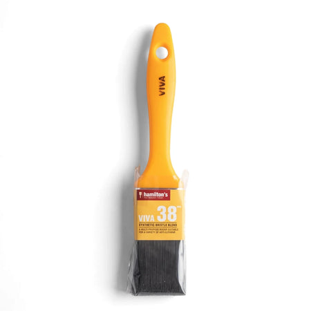 Viva paint brush with a yellow plastic handle and black synthetic bristles, displayed in its clear retail packaging.