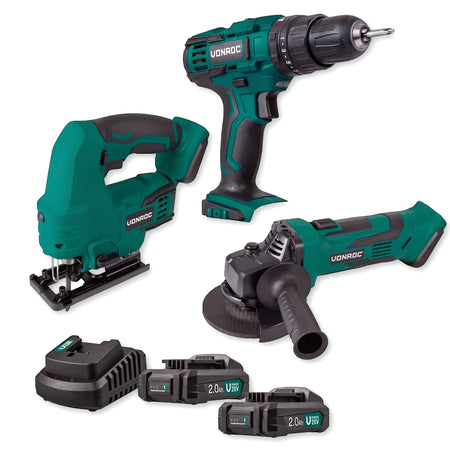 VONROC Power Tool Combo Kit featuring a teal and black cordless drill, jigsaw, and angle grinder with two batteries and a