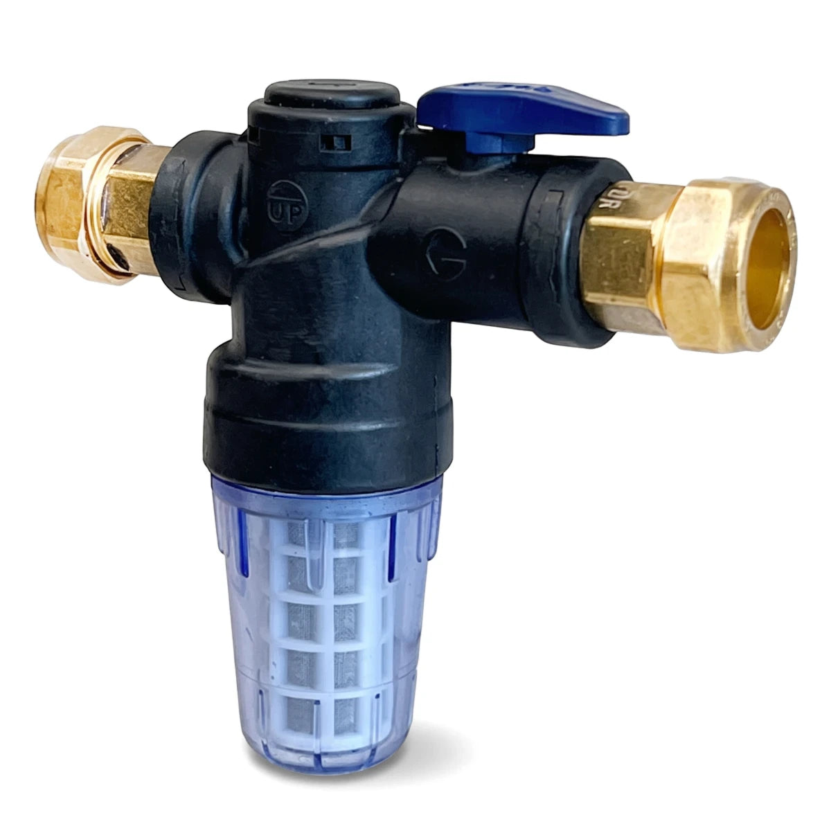 Vt Super Filter 22mm Fxf Valve Filter, black plastic body with blue lever, brass fittings, and a transparent blue filter