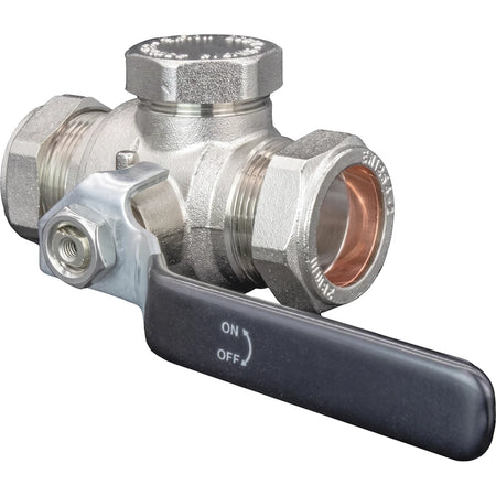 A silver Vt Super Filter 28mm Fxf Valve Filter with a black on/off handle, shown at an angle. The pipe valve has compression