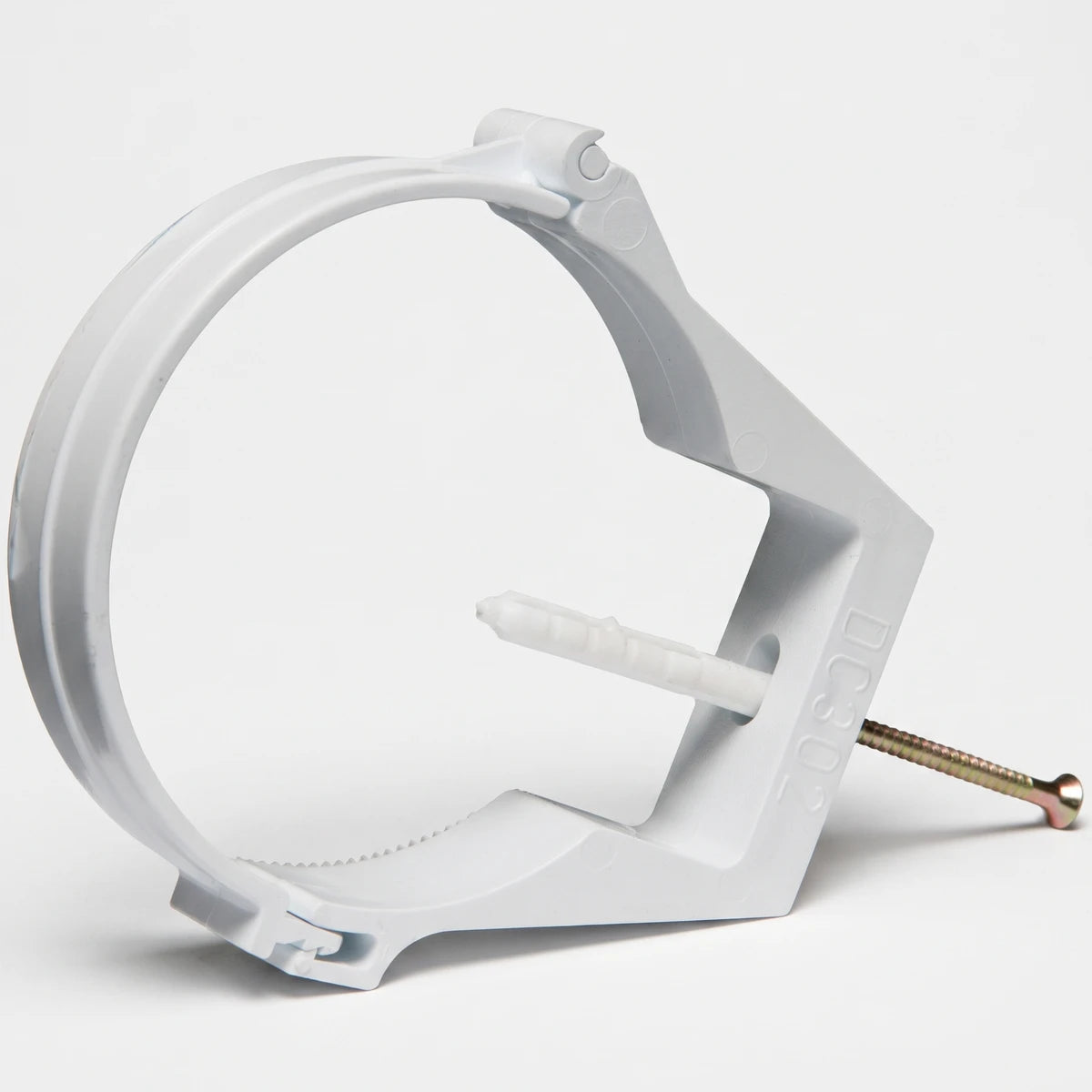 White 80mm Vynadeep downpipe clip made of plastic, shown with a screw and wall plug for secure mounting.