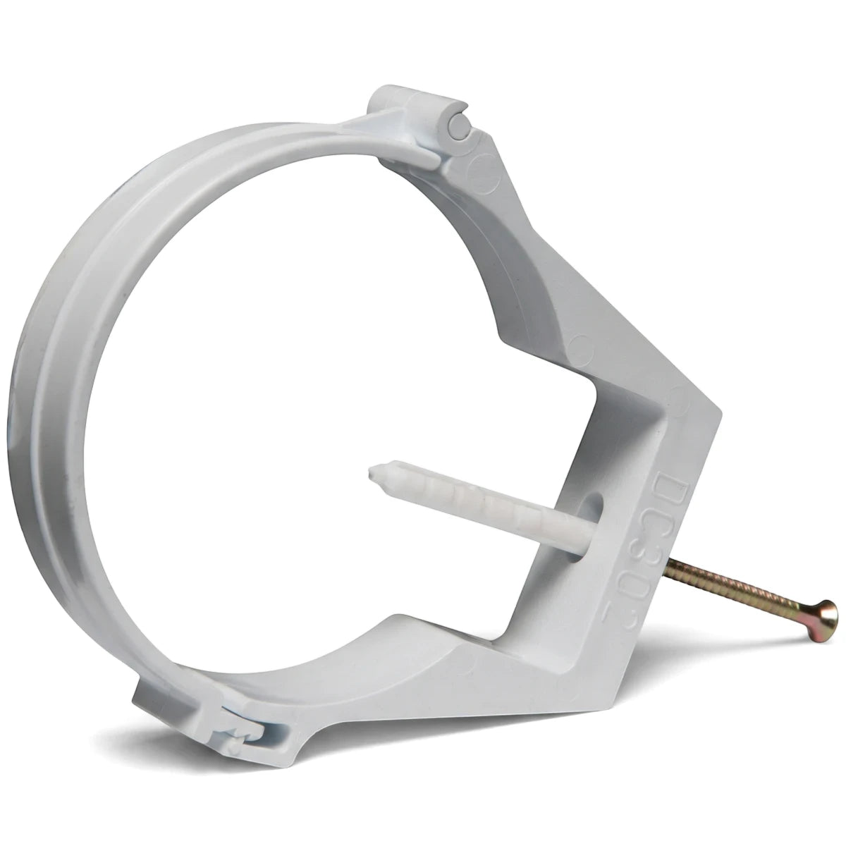 White 80mm Vynadeep plastic downpipe clip with an attached metal screw and plastic wall plug, viewed from a slight angle.