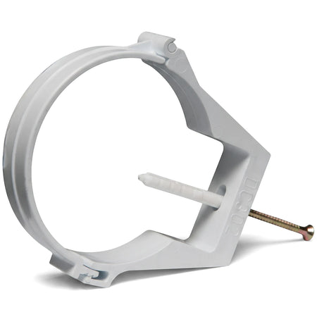 White 80mm Vynadeep plastic downpipe clip with an attached metal screw and plastic wall plug, viewed from a slight angle.