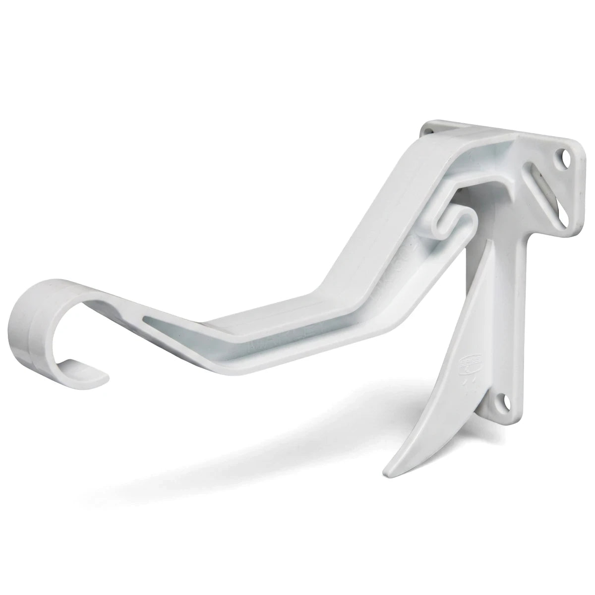 White Vynadeep Clip-On Gutter Bracket, an S-curved plastic bracket with screw holes for attaching gutters, shown from a side