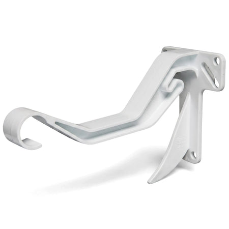 White Vynadeep Clip-On Gutter Bracket, an S-curved plastic bracket with screw holes for attaching gutters, shown from a side