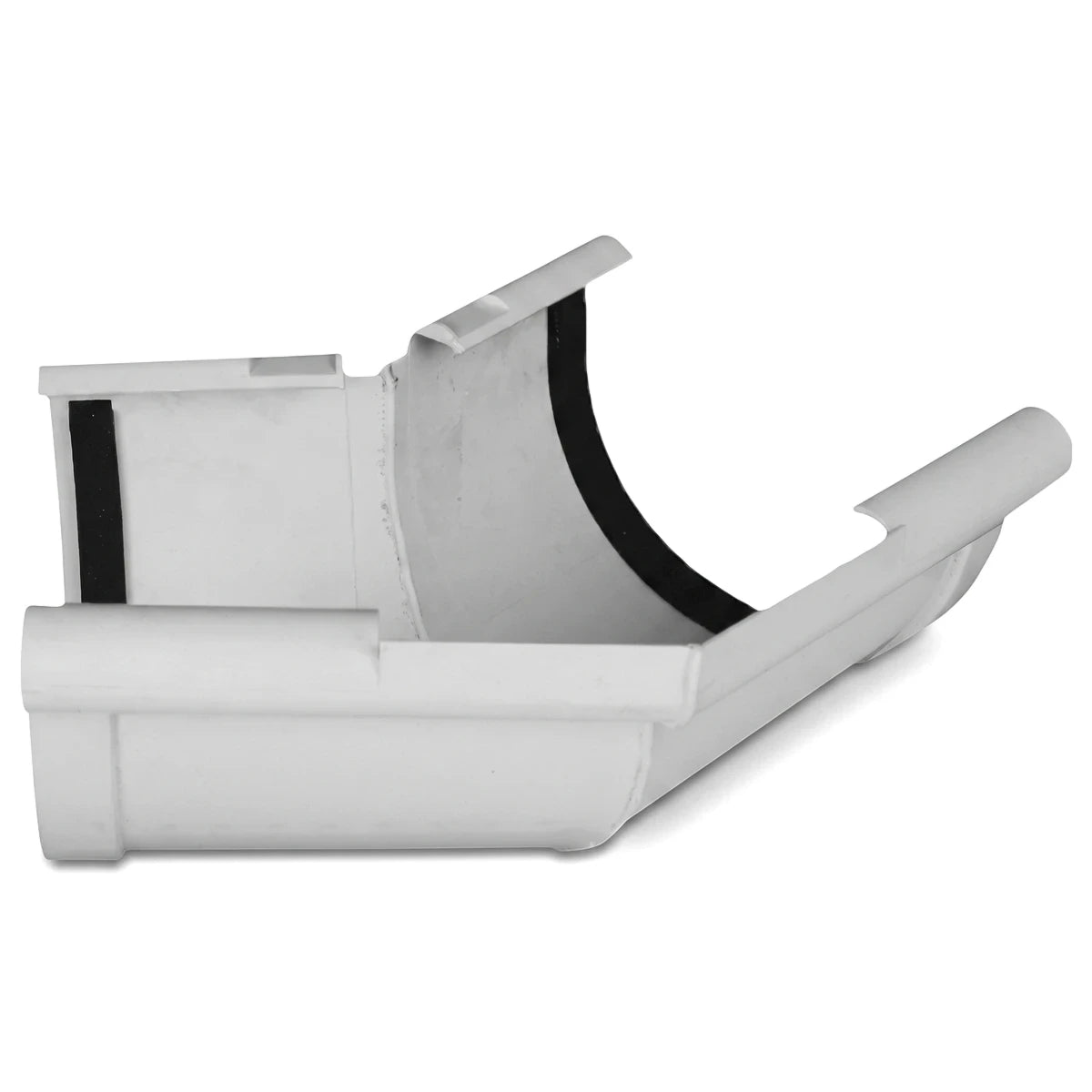 White Vynadeep External Gutter Angle, designed for 135-degree turns, made from durable PVC, photographed from an angled view.