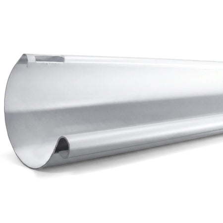 White Vynadeep PVC gutter, 125mm x 3M, shown in an angled view highlighting its tubular shape and rolled edge.