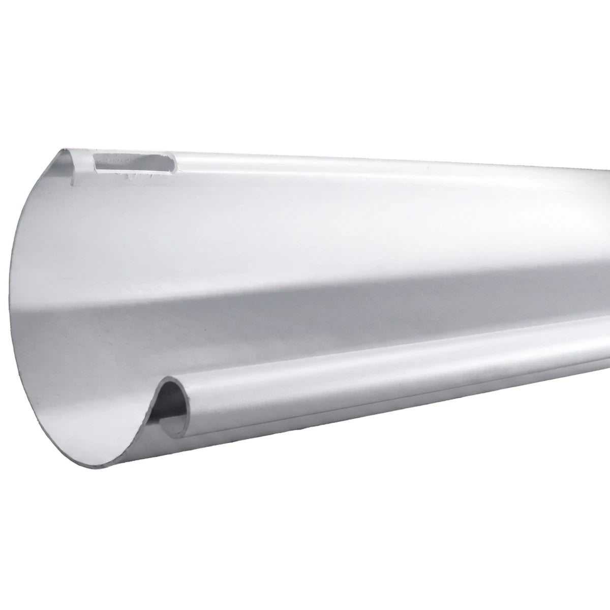 White Vynadeep PVC gutter, 125mm by 4.5m, shown in a horizontal view highlighting its curved trough design and durable