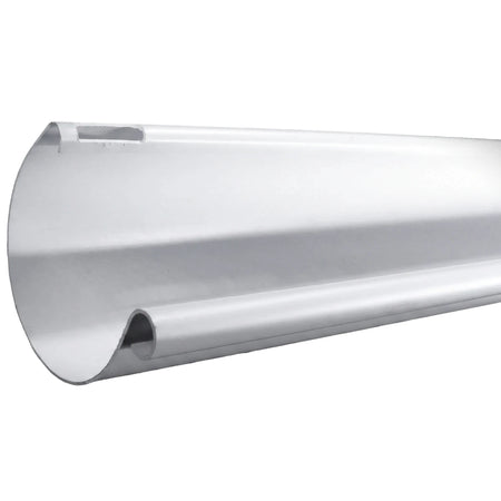 White Vynadeep PVC gutter, 125mm by 4.5m, shown in a horizontal view highlighting its curved trough design and durable