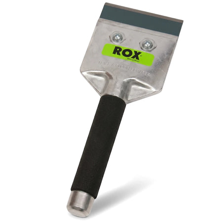 Silver 100 mm / 4 inch wall and floor scraper with a black rubber grip and green ROX logo on the blade, shown at an angle.