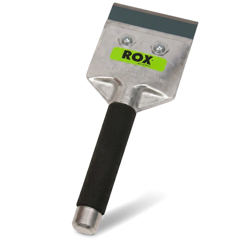 Silver 100 mm / 4 inch wall and floor scraper with a black rubber grip and green ROX logo on the blade, shown at an angle.