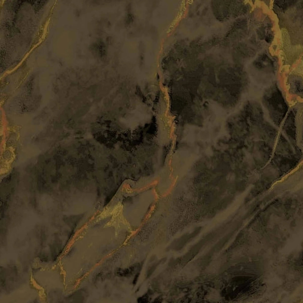 Dark brown and black marbled wallpaper with intricate reddish-orange and gold veins, showcasing a luxurious texture.