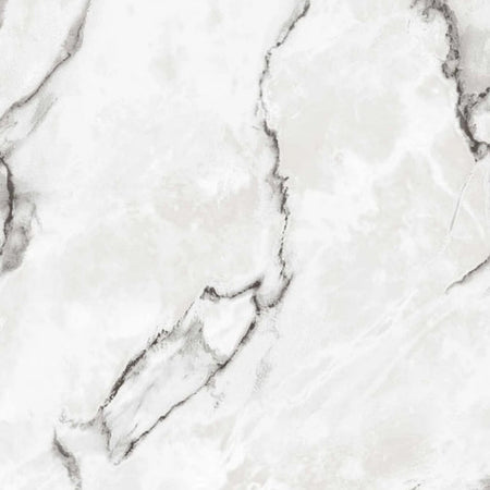 Close-up of white marble wallpaper with intricate dark grey and black veins, showcasing its natural stone texture.