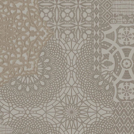 Wallpaper Dante 10 Meter featuring an intricate collage of beige and taupe lace and crochet patterns with floral and