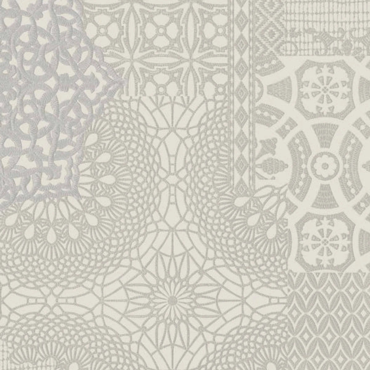 Intricate light gray and off-white lace and crochet patchwork pattern wallpaper, showcasing various woven designs.
