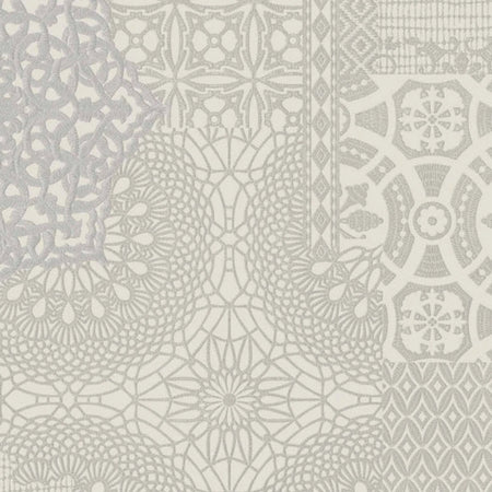 Intricate light gray and off-white lace and crochet patchwork pattern wallpaper, showcasing various woven designs.