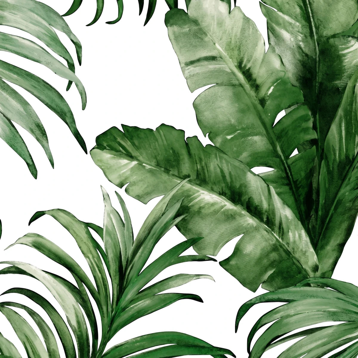 Close-up of Indigo wallpaper featuring a vibrant green tropical leaf pattern, including palm and banana leaves, on a dark