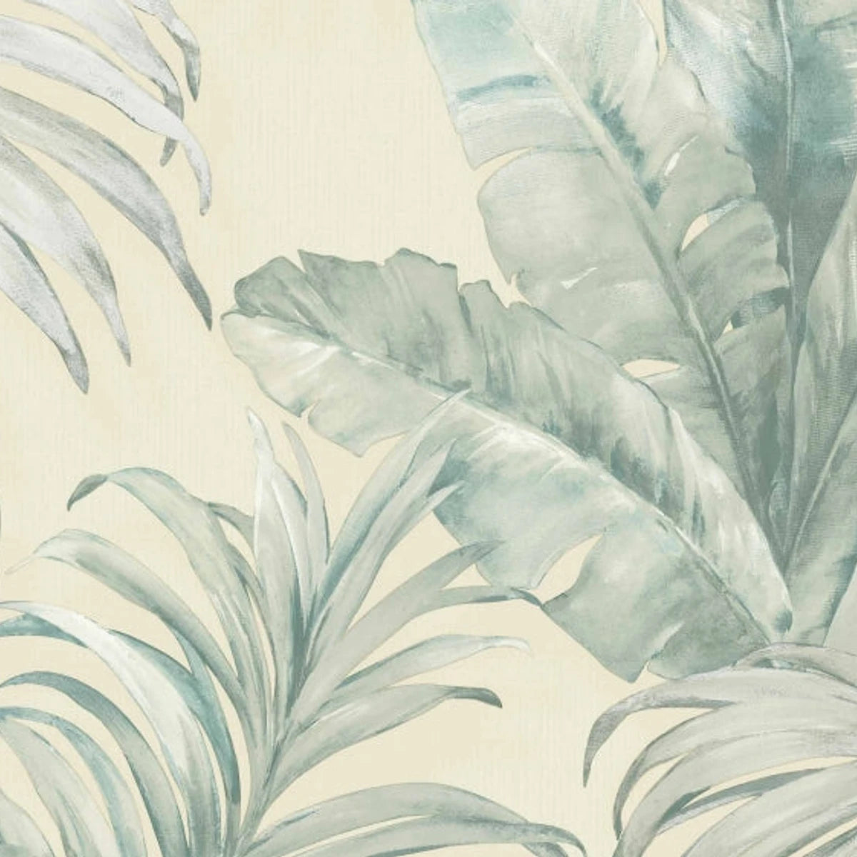 Watercolor tropical leaf pattern wallpaper in muted green and blue-gray tones on a cream background.