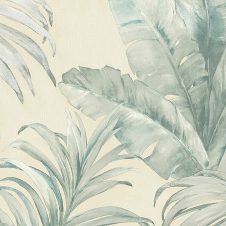 Watercolor tropical leaf pattern wallpaper in muted green and blue-gray tones on a cream background.