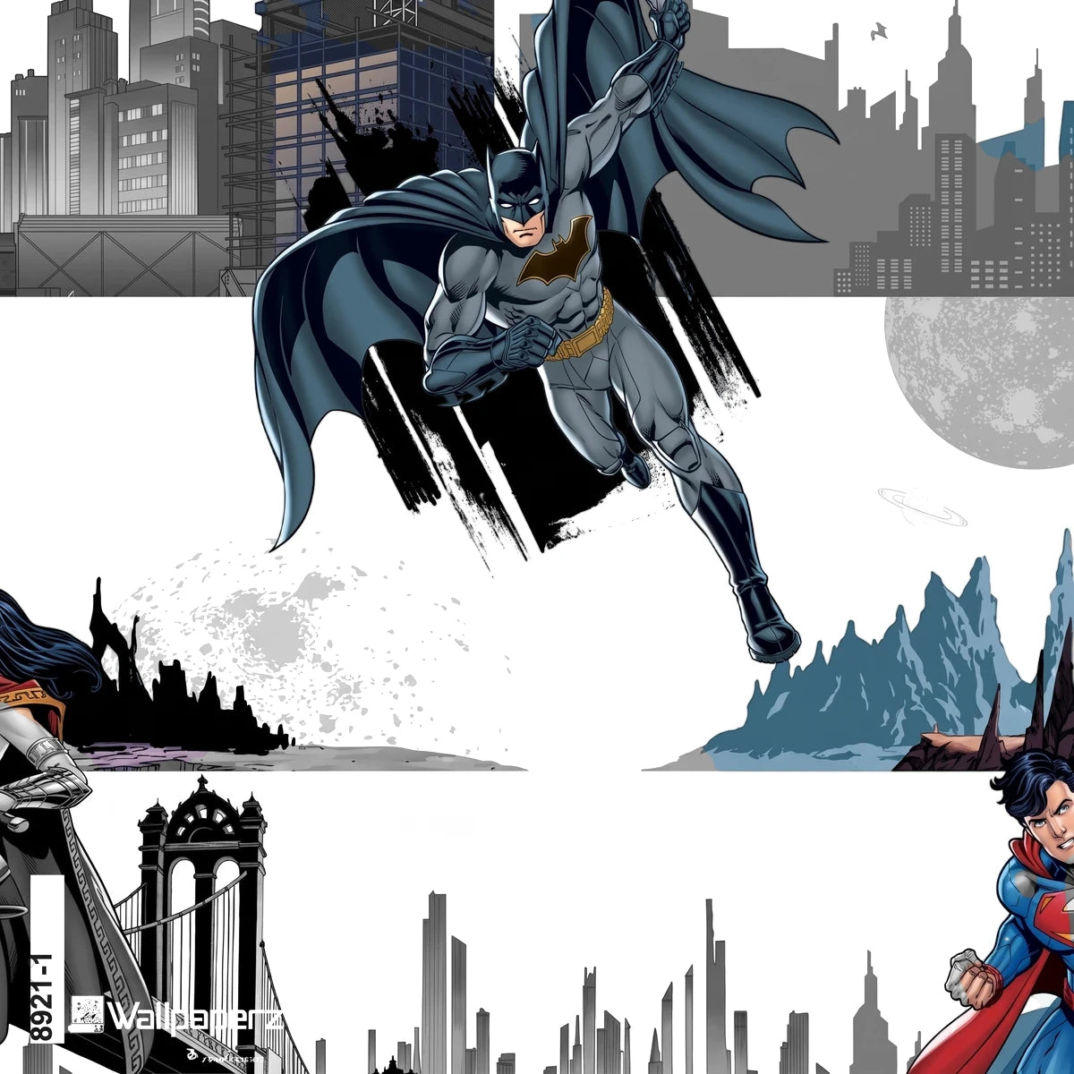 Wallpaper Kidz featuring iconic DC Comics superheroes Batman, Superman, and Wonder Woman flying over a dynamic cityscape and
