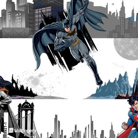 Wallpaper Kidz featuring iconic DC Comics superheroes Batman, Superman, and Wonder Woman flying over a dynamic cityscape and