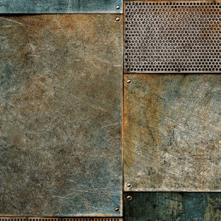 Close-up of industrial metal panels with rivets, featuring rusted textures, scratched surfaces, and a perforated section.