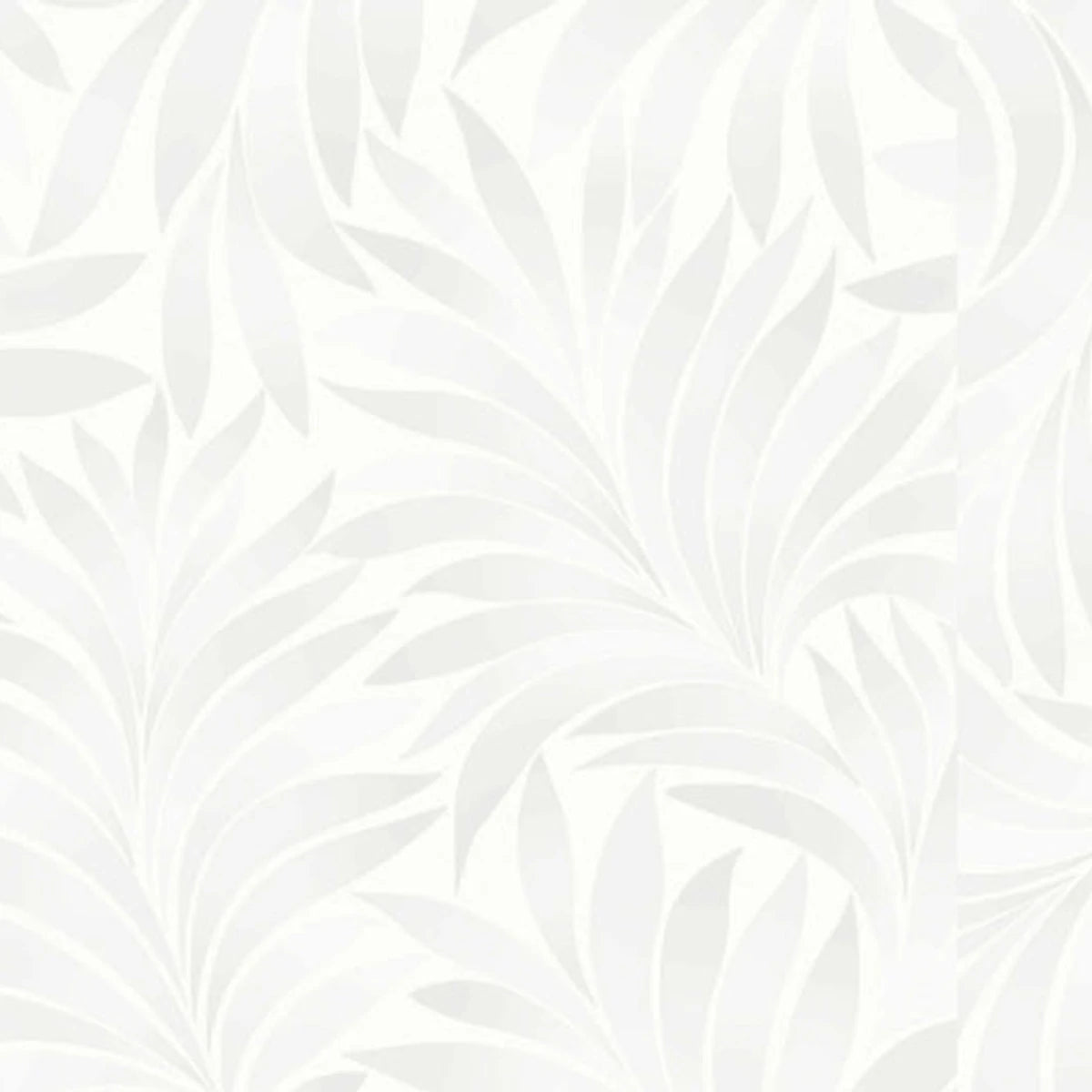 White wallpaper with a subtle light gray flowing leaf pattern, offering a textured and elegant design.