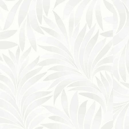 White wallpaper with a subtle light gray flowing leaf pattern, offering a textured and elegant design.